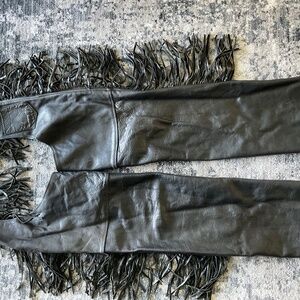 Leather Chaps Motorcycle Fringed - Black